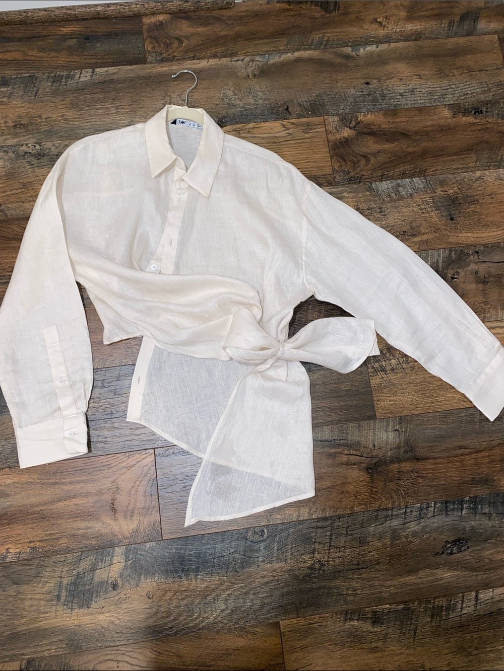 Zara Cream Sheer Side-Tie Button Down Blouse